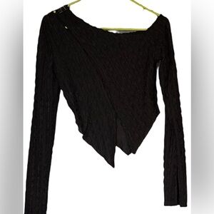 SHEIN Elegant Black Long Sleeve Crop Top with Asymetrical Cut Outs XS